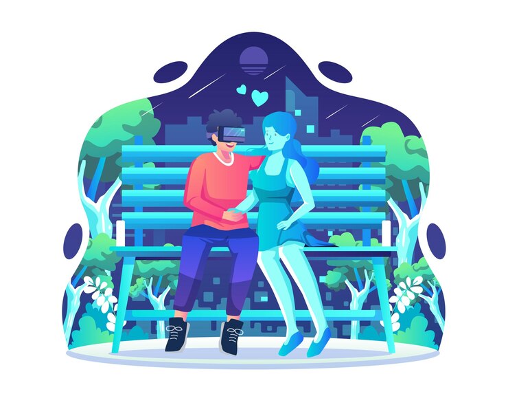 Vector virtual dating concept with a man wearing vr headset on a date with a virtual woman in a park