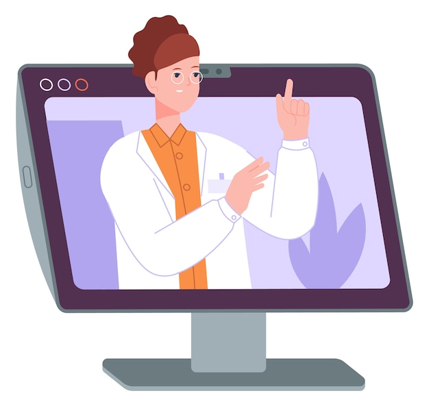 Vector virtual doctor on computer screen online treatment app