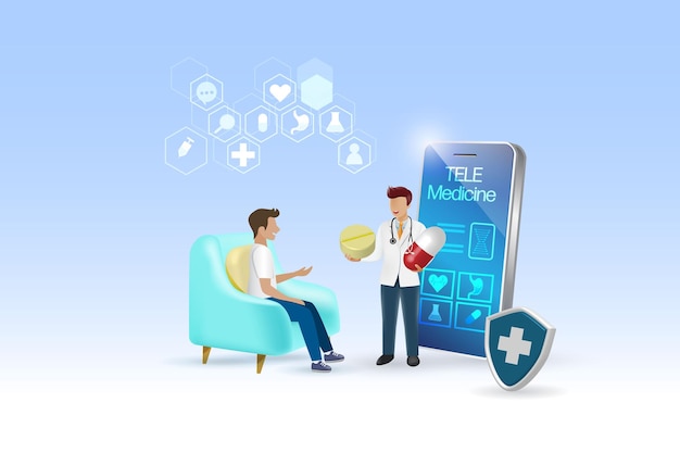 Virtual doctor in medical mobile app give patient advise in medicine pills Medical and health care service wireless technology 3D vector