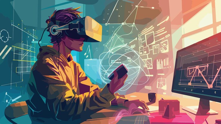 Vector virtual engineering study concept with man in vr headset learning math