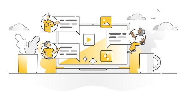 仮想の友人は、オンラインソーシャルコミュニケーションの単色のアウトラインの概念としてチャットします。ソーシャルメディアまたはWebネットワークサービスを使用して、遠方の会話、コメントの書き込み、または画面共有のベクターイラストを作成します。