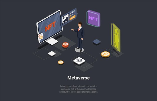 Vector virtual global internet connection metaverse with new experience in metaverse virtual reality technology man investing in nft collaborate with venture fund isometric 3d cartoon vector illustration