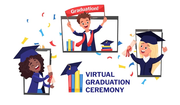 Banner di cerimonia di laurea virtuale. videoconferenza online con tutti i laureati in mortarboard e abito con coriandoli