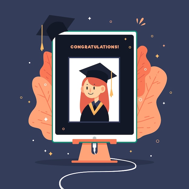 Virtual graduation ceremony illustration with girl