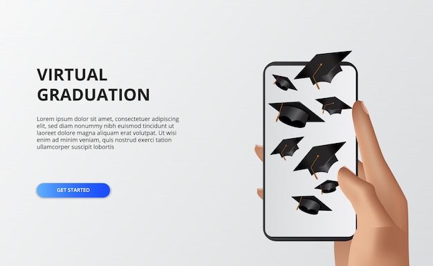 Virtual graduation for quarantine time at covid-19. hand holding phone with illustration of flying graduation cap. phone live streaming graduation event.