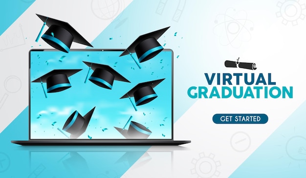 Virtual graduation vector background design Virtual graduation text with 3d mortarboard cap