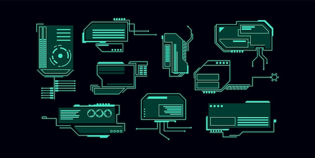 Virtual graphic control panel. Green luminescent futuristic navigation display, abstract visualization user interactive dashboard, shining vr menu panel, future vector isolated on black illustration