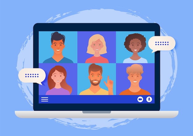 Riunione di gruppo virtuale che si terrà tramite videoconferenza utilizzando il computer portatile in chat con i colleghi in linea illustrazione