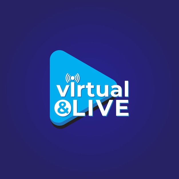 Concetto di logo virtuale e live con pulsante riproduci e icona live feed modello di progettazione del logo della società di trasmissione su sfondo di colore blu