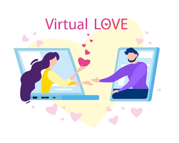Vector virtual love cartoon man woman on computer screen