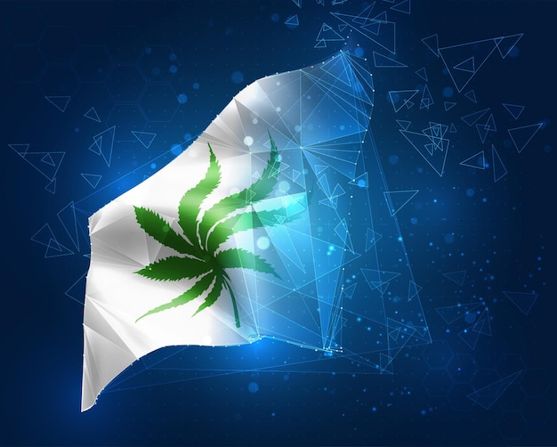 Virtual marijuana, flag, virtual abstract 3D object from triangular polygons on a blue background