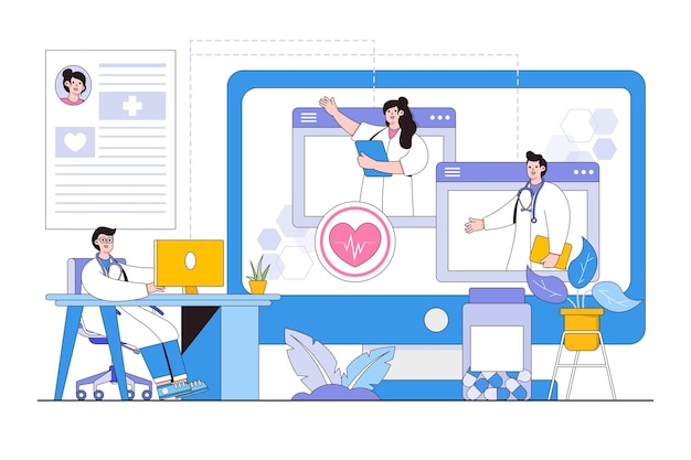 Virtual medical conference and teleconference concept group of doctors connecting online and conferencing on video conference call outline design style minimal vector illustration for landing page