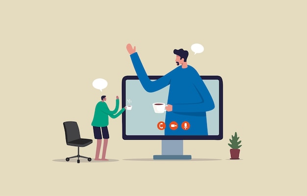 virtual meeting from home two guys having online meeting illustration