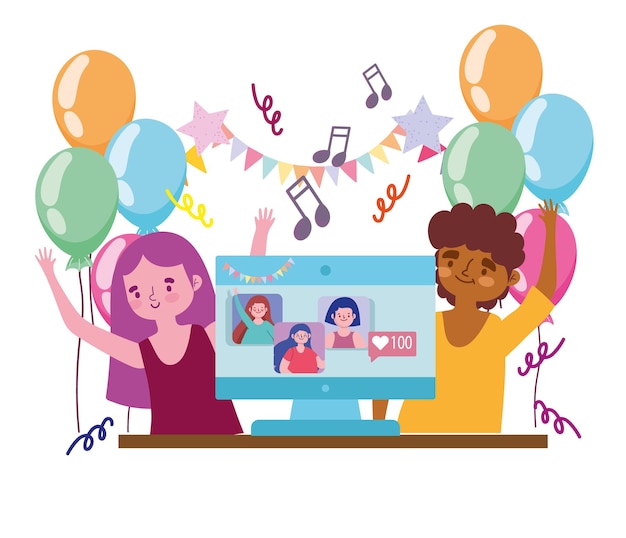 Virtual party, happy couple celebrating festive with people connected by computer  illustration