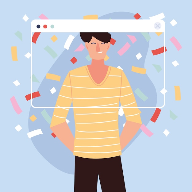 virtual party with man cartoon and confetti in screen design, happy birthday and video chat