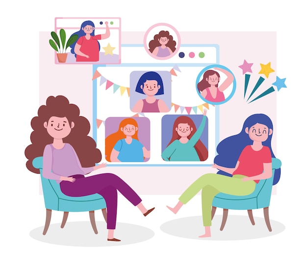 Virtual party, women in home meeting friends, chat with people online  illustration