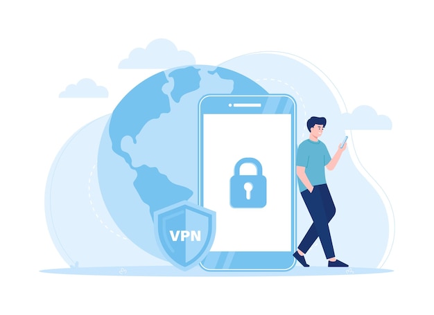 コンピューターとスマートフォンのデータを保護する仮想プライベート ネットワーク サービス VPN トレンド コンセプト フラット図