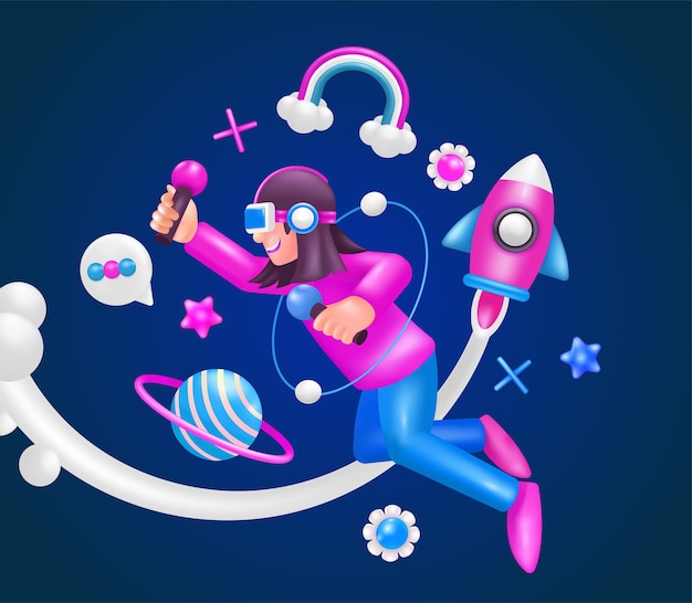 Виртуальная реальность 3d векторная женщина, держащая контроллер игровой консоли с орнаментом ракеты и планеты