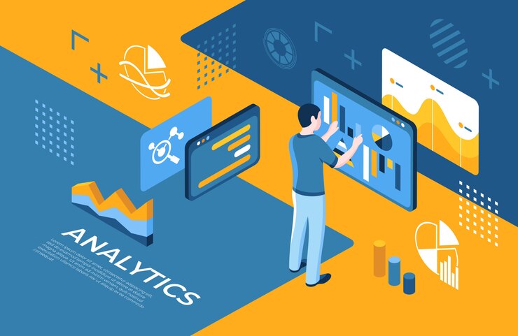 Vector virtual reality analytics technology icons with people