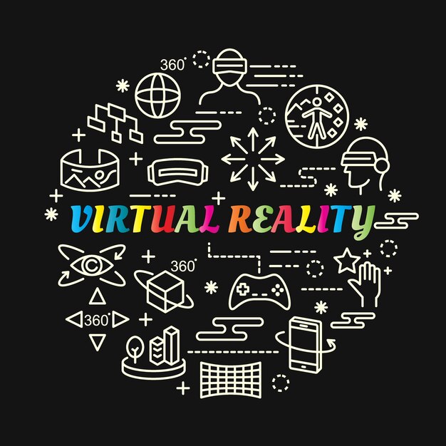 virtual reality colorful gradient with line icons set