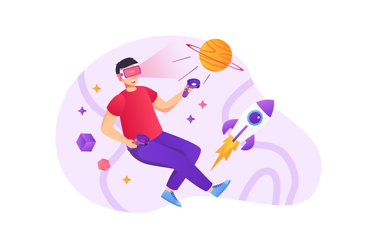 Vector virtual reality concept in flat style with people scene