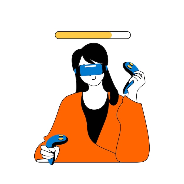 Virtual reality-concept met cartoonmensen in plat ontwerp voor web Vrouw in VR-headset en joystickcontrollers die videogame spelen Vectorillustratie voor sociale media banner marketingmateriaal
