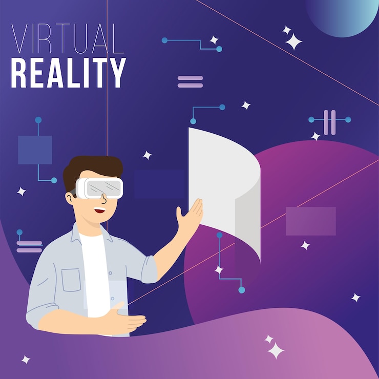 Vector virtual reality concept poster with male cartoon wearing glasses vector