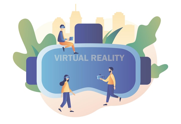 Vector virtual reality concept tiny people using virtual reality glasses and big glasses on background vr