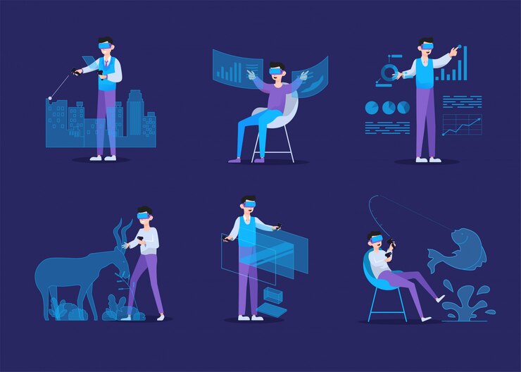 Vector virtual reality concept with man wearing virtual reality glasses