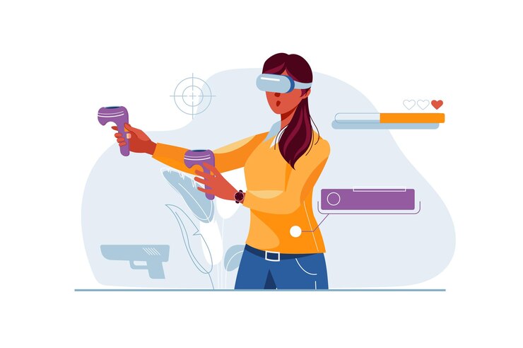 Vector virtual reality concept with people scene in the flat cartoon style a girl plays a video game