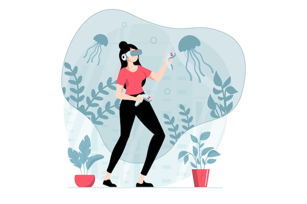 Virtual reality concept with people scene in flat design woman in vr glasses learning and using controllers to researching underwater sea world vector illustration with character situation for web