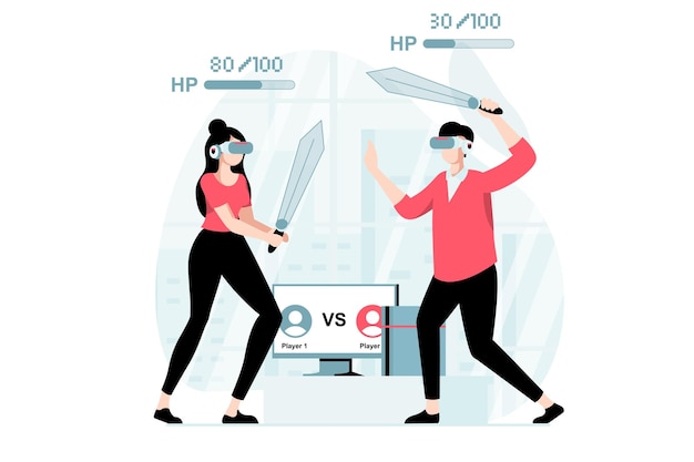 Концепция виртуальной реальности со сценой людей в плоском дизайне мужчина и женщина в очках vr играют в игру с дополненной реальностью и сражаются мечами векторная иллюстрация с характером ситуации для сети