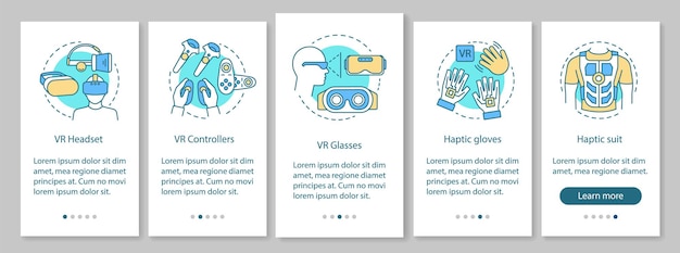 Schermata della pagina dell'app mobile onboarding del dispositivo di realtà virtuale con concetto lineare. cuffie vr, controller, guanti tattili, istruzioni grafiche per la procedura dettagliata della tuta. modello vettoriale ux, ui, gui con icone