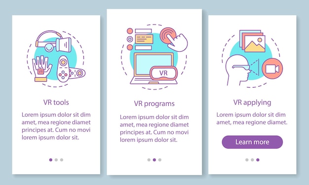 Virtual reality environment onboarding mobile app page screen with linear concepts. VR tools, programs, applying walkthrough steps graphic instructions. UX, UI, GUI vector template with illustrations