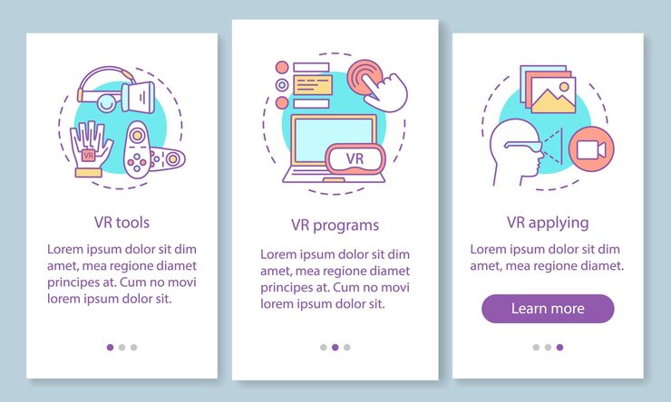 Vector virtual reality environment onboarding mobile app page screen with linear concepts. vr tools, programs, applying walkthrough steps graphic instructions. ux, ui, gui vector template with illustrations