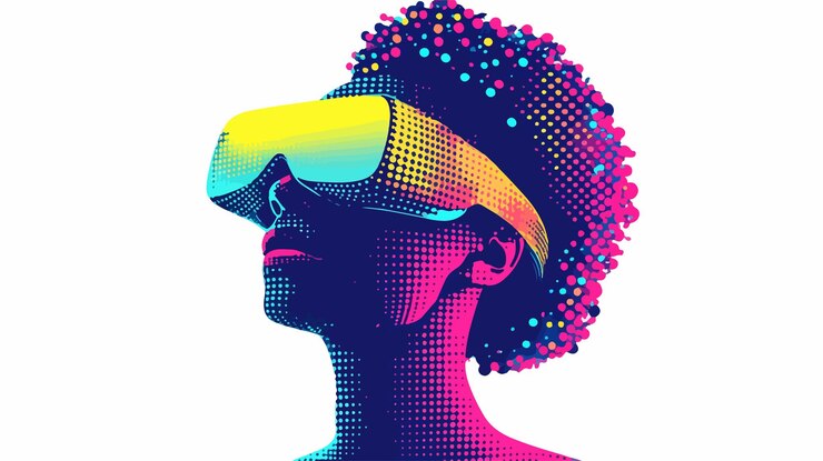Vector virtual reality experience with 3d glasses futuristic girl in dotted shape gaming entertainment