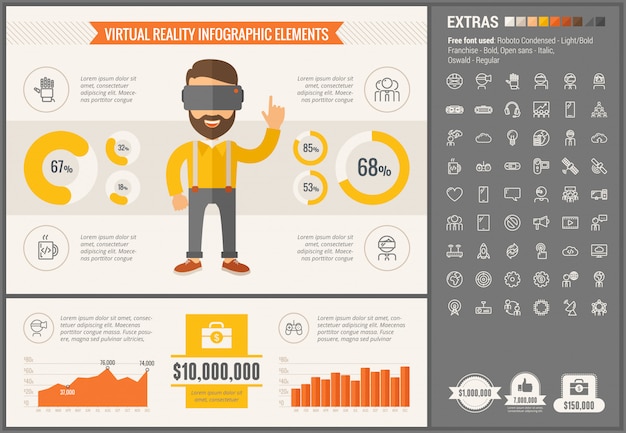 Set di icone e modello infografica design piatto di realtà virtuale