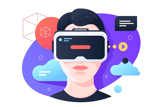 Vector virtual reality glasses illustration. young boy having fun wearing modern entertainment flat style. spare time and hobby concept. isolated