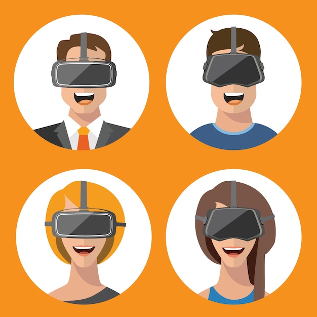 Vector virtual reality glasses man and woman flat icons