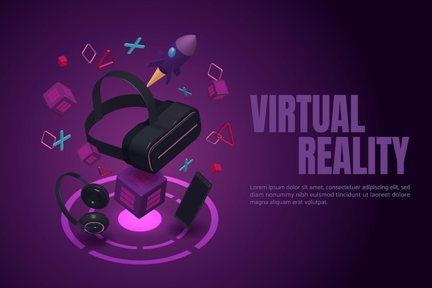 Vector virtual reality glasses and smartphone headphones with objects floating around