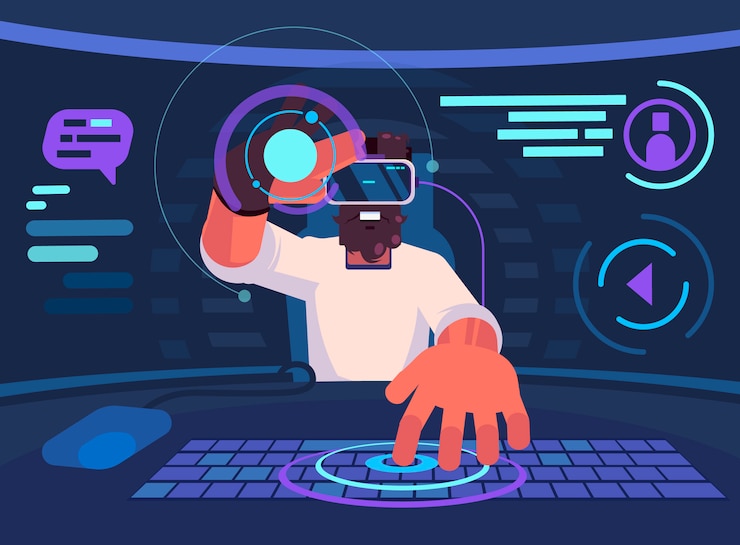 Vector virtual reality. man wearing virtual reality headset and looking at monitor screen, chatting and playing on the internet.