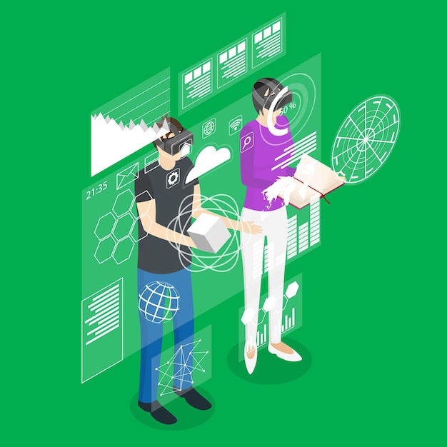 Virtual reality man and woman with futuristic technology display concept isometric view vector