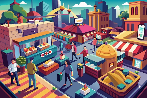 Вектор virtual reality mockup of a bustling city market
