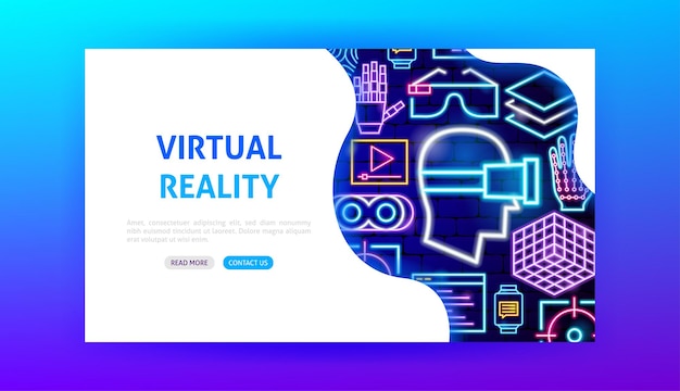 Неоновая целевая страница виртуальной реальности. векторная иллюстрация продвижения игр vr.