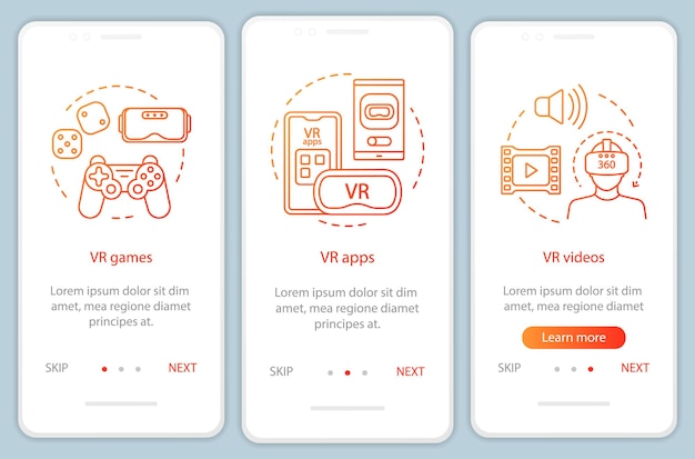 선형 개념으로 모바일 앱 페이지 화면을 온보딩하는 가상 현실 프로그램. Vr 엔터테인먼트. Vr 게임, 앱, 비디오 연습 단계 그래픽 지침. 아이콘이 있는 Ux, Ui, Gui 벡터 템플릿