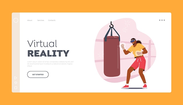 Modello di pagina di destinazione per la ricreazione in realtà virtuale donna con occhiali vr che combattono con la tecnologia del gioco di battaglia del sacco da boxe