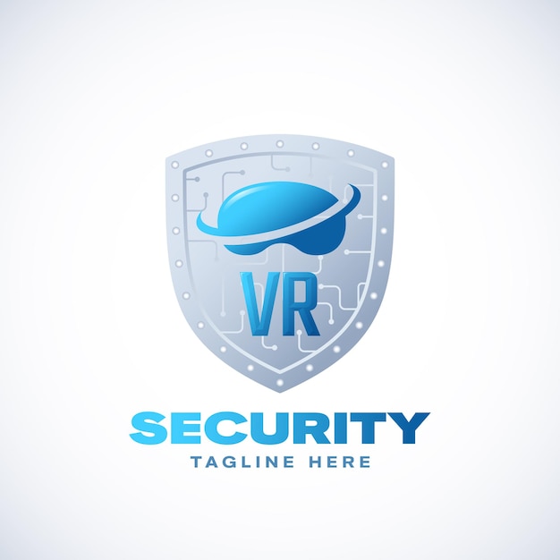 Virtual Reality Security Abstract Vector Sign Symbol Logo Template Digital Space Safety Circuit Shield Guard VR Goggles Cyberspace Protective Technology Emblem Isolated