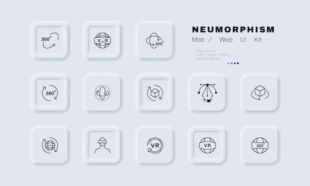 仮想現実セット アイコン 360 度視野角 VR ヘルメット キューブ 3 次元サイバー スペース ゲーム エンターテイメント メタバース コンセプト ネオモーフィズム スタイル広告用ベクトル線アイコン