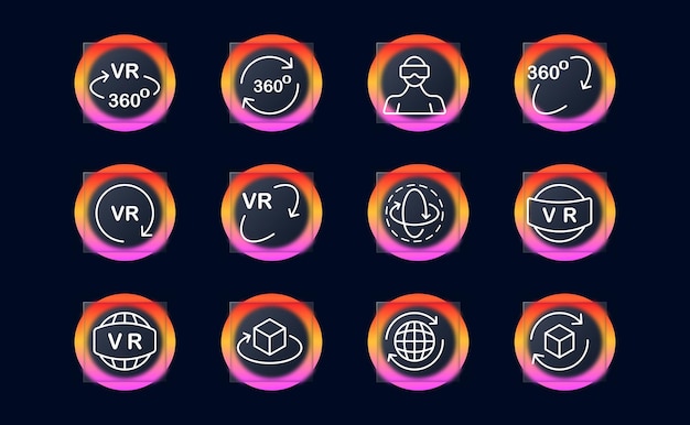 Virtual reality set icon VR glasses 360 degrees viewing angle view arrows zoom in and out 3d helmet Metaverse concept Glassmorphism style Vector line icon