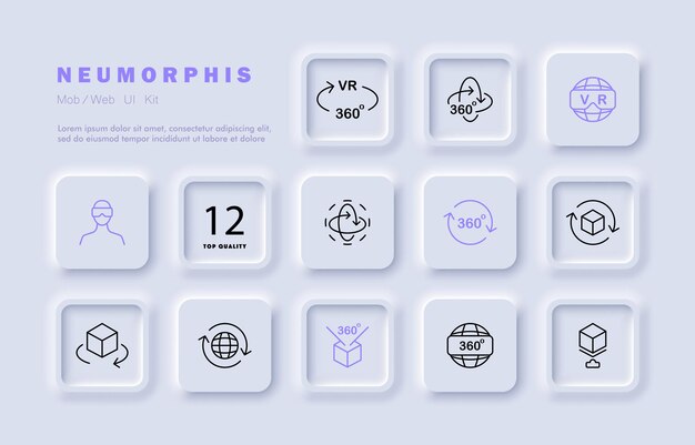 Virtual reality set pictogram VR bril pijlen 360 graden kijkhoek weergave kubus planeet internet online ruimte gebruiker Metaverse concept Neomorfisme Vector lijn pictogram voor Business